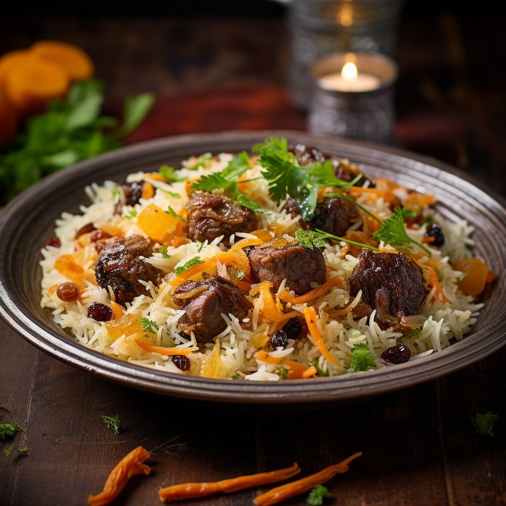Afghani Kabuli Pulao showcasing long-grain rice delicately seasoned with fragrant spices, adorned with caramelized carrots and raisins, and topped with tender chunks of lamb or beef – a celebrated and aromatic main dish from Afghanistan's culinary heritage.