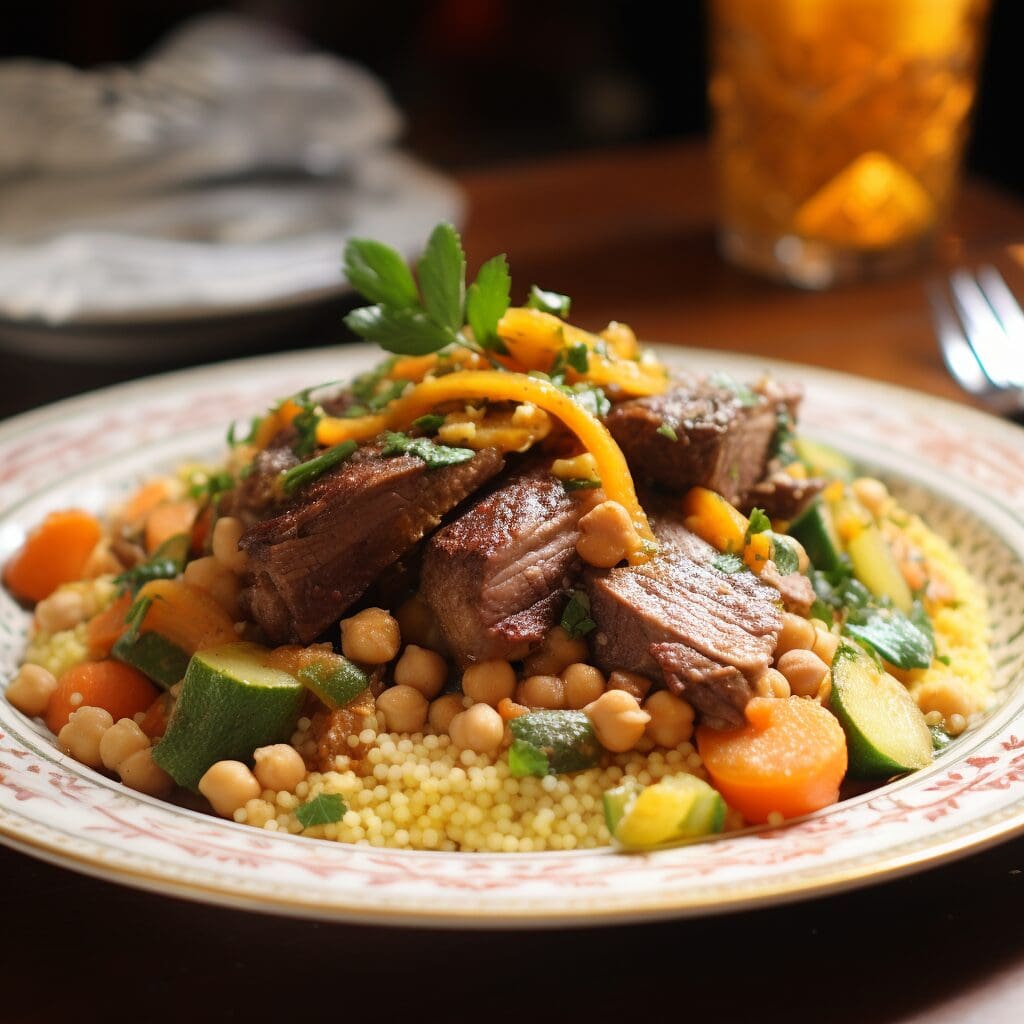 Algerian Couscous with with lamb, chickpeas, onions, carrots, squash