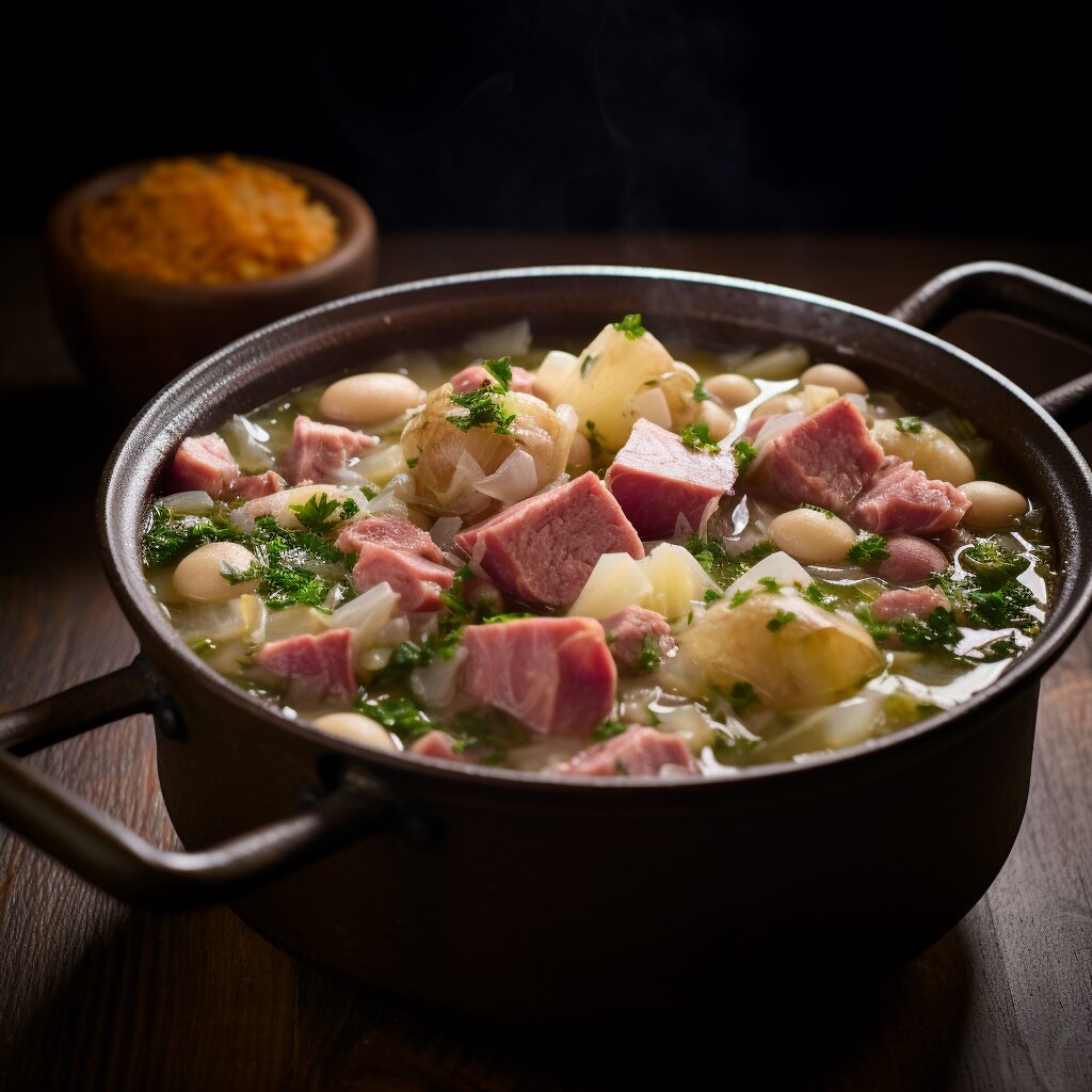 Steaming bowl of Escudella, Andorra's traditional meat and vegetable stew, showcasing the rich culinary heritage of the Pyrenees.