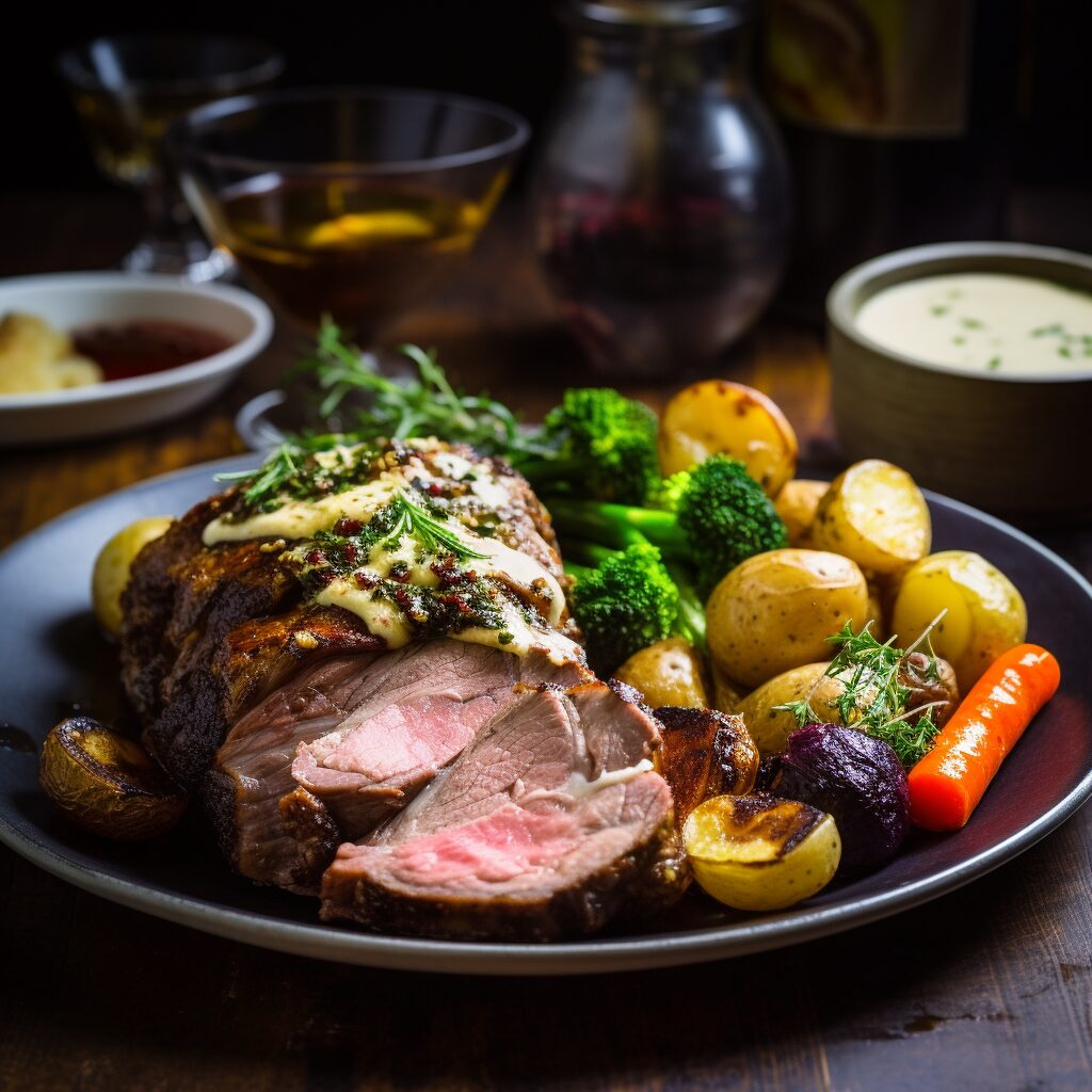 Golden-browned Australian roast lamb, seasoned with native herbs, on a platter with roasted vegetables, epitomizing Australia's rich culinary heritage.