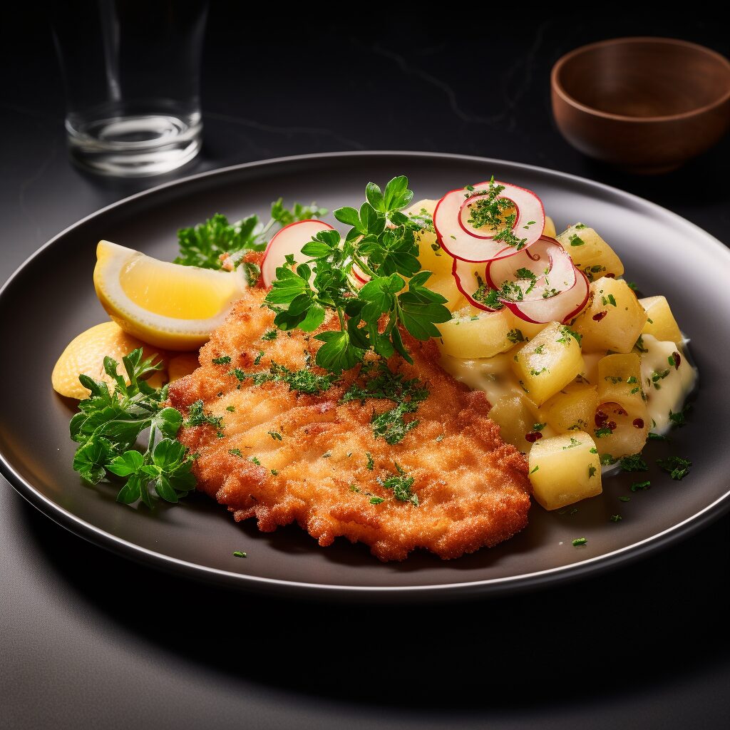 Crispy Wiener Schnitzel, Austria's signature breaded veal cutlet, garnished with a lemon slice and accompanied by Parsley potatoes, exemplifying the essence of Austrian culinary artistry.