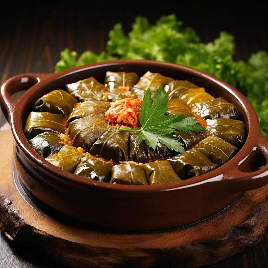Elegantly wrapped Azerbaijani Dolma, grape leaves encasing a rich meat and rice filling, symbolizing the culinary treasures of Azerbaijan.