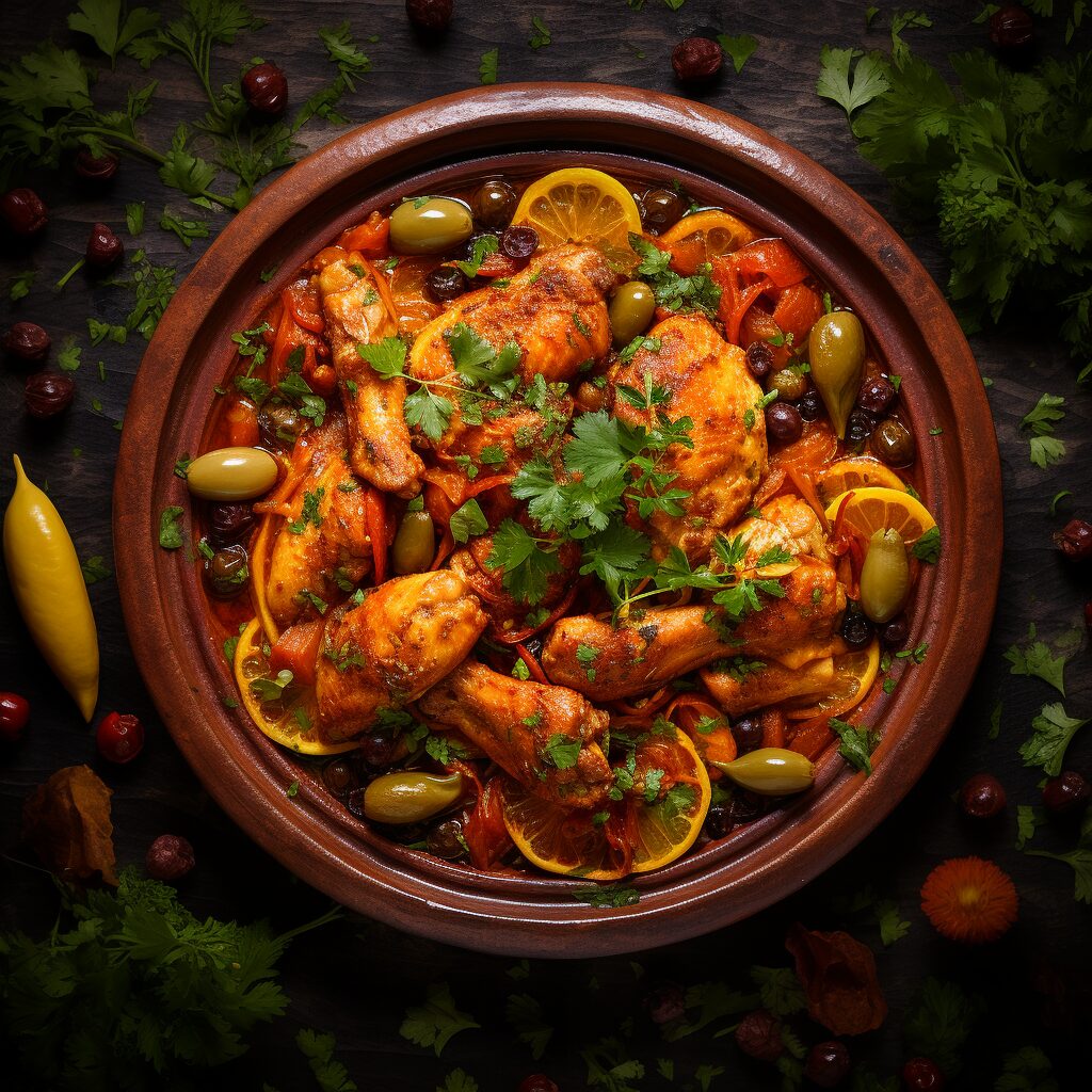 Clay tagine pot, containing tender chicken pieces stewed in a rich, amber-hued sauce with apricots, olives, and preserved lemons, garnished with fresh coriander, served on a table.