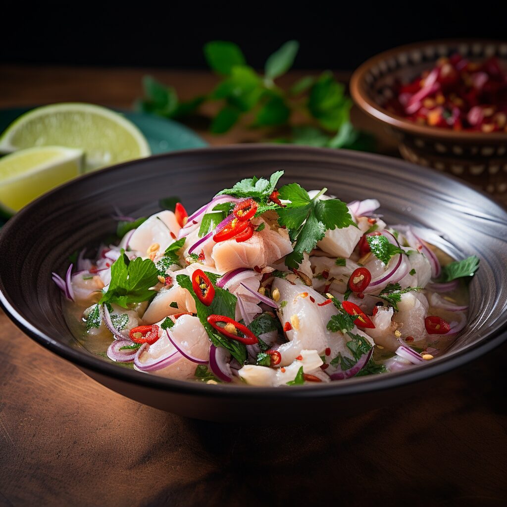 eruvian ceviche dish showcasing fresh marinated fish cubes, vibrant red onions, hot chili peppers, and garnished with coriander, served alongside sweet potato and crunchy corn kernels – a classic seafood delight from Peru.