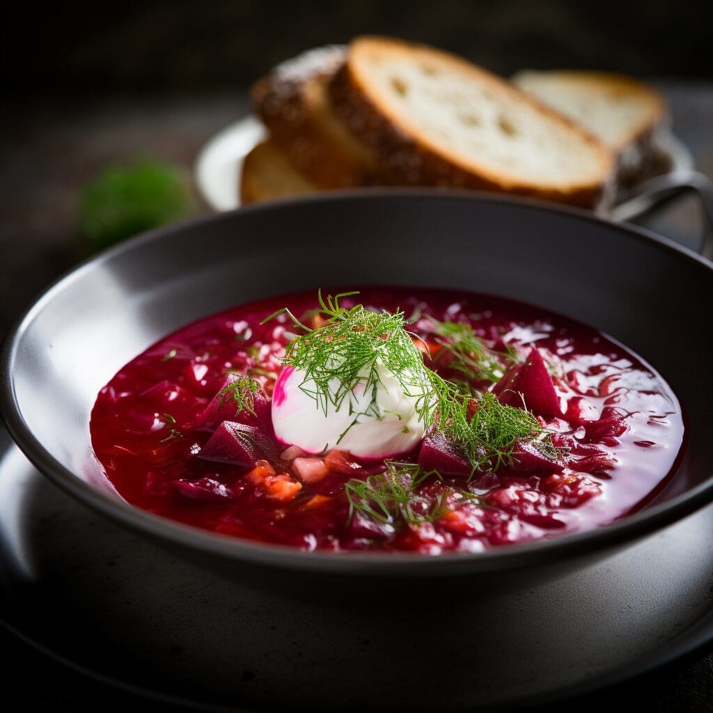 Vibrant bowl of Borscht, topped with smetana and fresh dill.