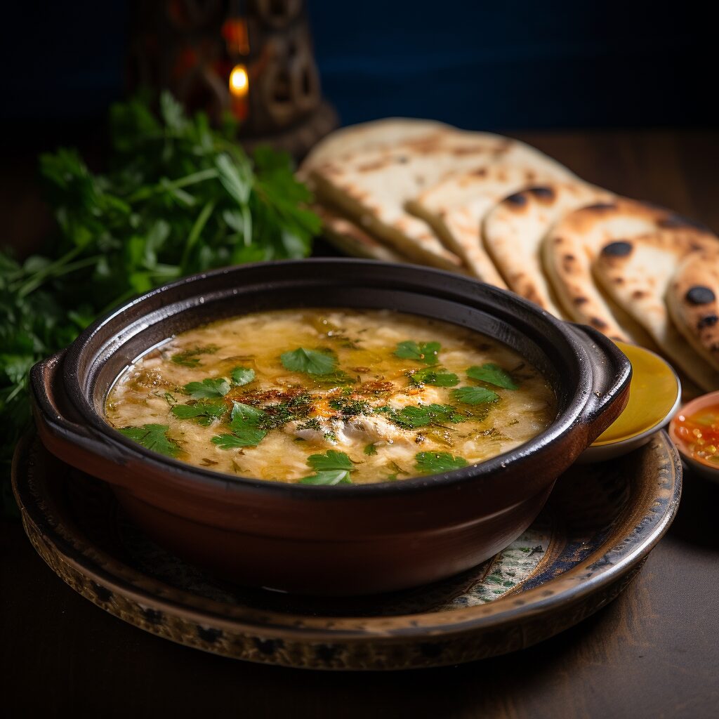 Yemeni Saltah, a bubbling aromatic fenugreek froth atop a rich meat stew, complemented with vibrant vegetables and spices, served alongside warm, soft khubz mulawah – a traditional Yemeni flatbread essential to the meal.