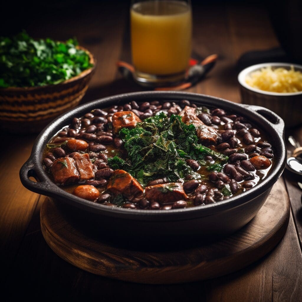Traditional Brazilian feijoada, a rich black bean stew with assorted meats and garnishes, showcasing Brazil's vibrant culinary heritage.