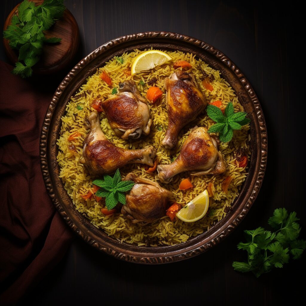A sumptuous platter of Kabsa, aromatic rice jeweled with tender chicken, garnished with golden raisins and toasted nuts, set against an intricate Bahraini tapestry backdrop.