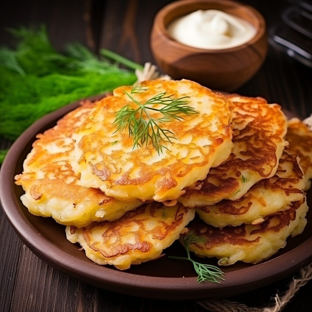  Golden-brown Draniki, stacked enticingly, glistening with a touch of butter, accompanied by a dollop of fresh sour cream.