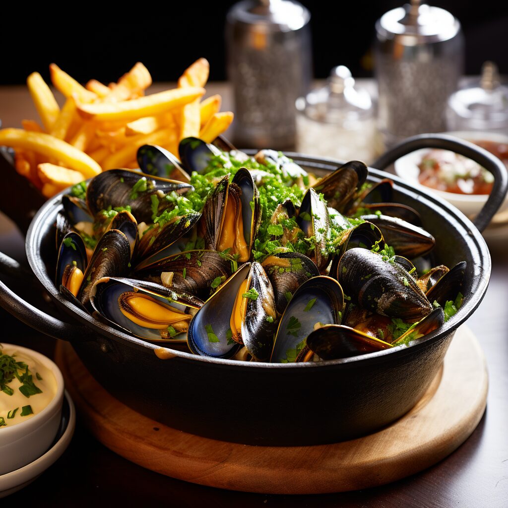 A steaming bowl of blue-shelled mussels nestled beside a heap of golden frites, accompanied by a creamy dip, set against the backdrop of a rustic Belgian eatery.
