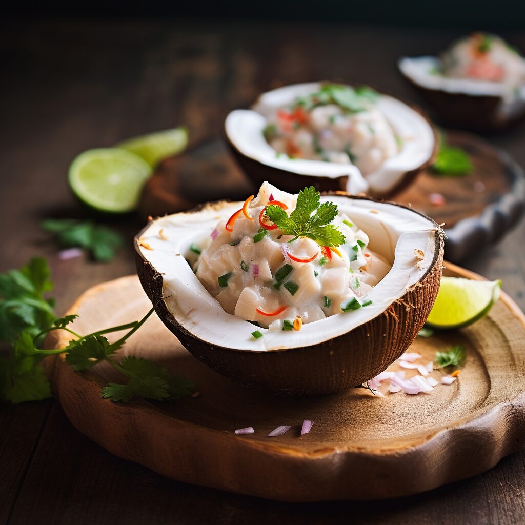 A traditional bowl of Fiji Kokoda, vibrant fish chunks marinated in citrus and coconut milk, garnished with fresh coriander, served in a half coconut shell.